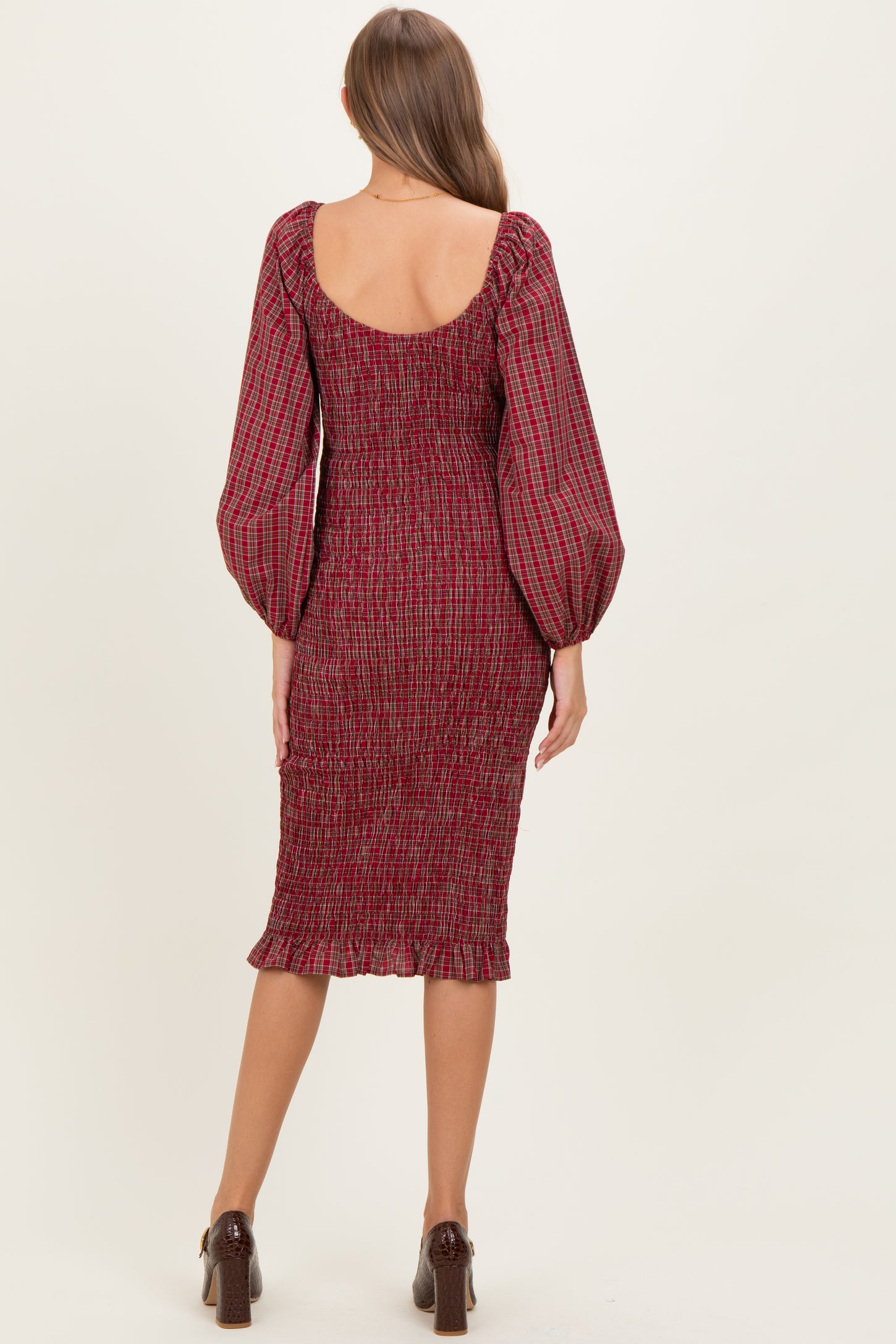 Burgundy Plaid Long Sleeve Bodycon Maternity Midi Dress