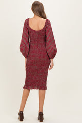 Burgundy Plaid Long Sleeve Bodycon Maternity Midi Dress