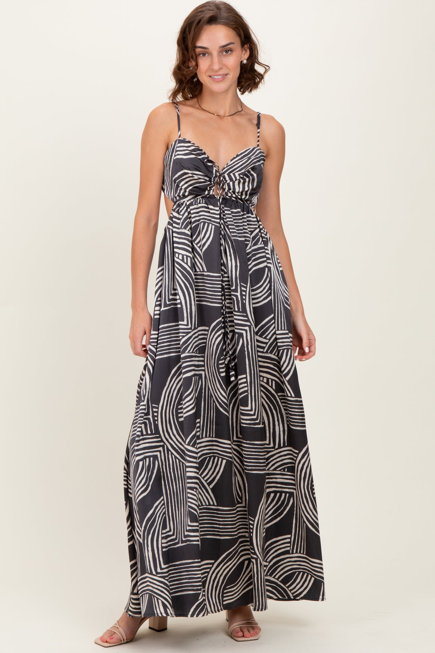 Black Printed Halter Cutout Tie Back Maxi Dress