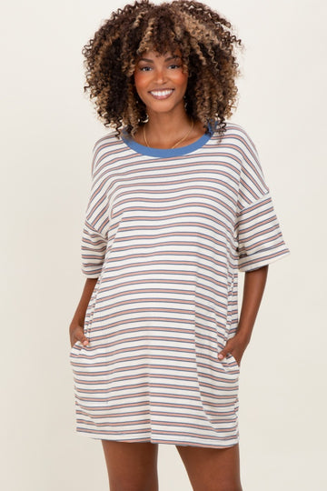 Cream Stripe Knit Short Sleeve Maternity T-Shirt Dress