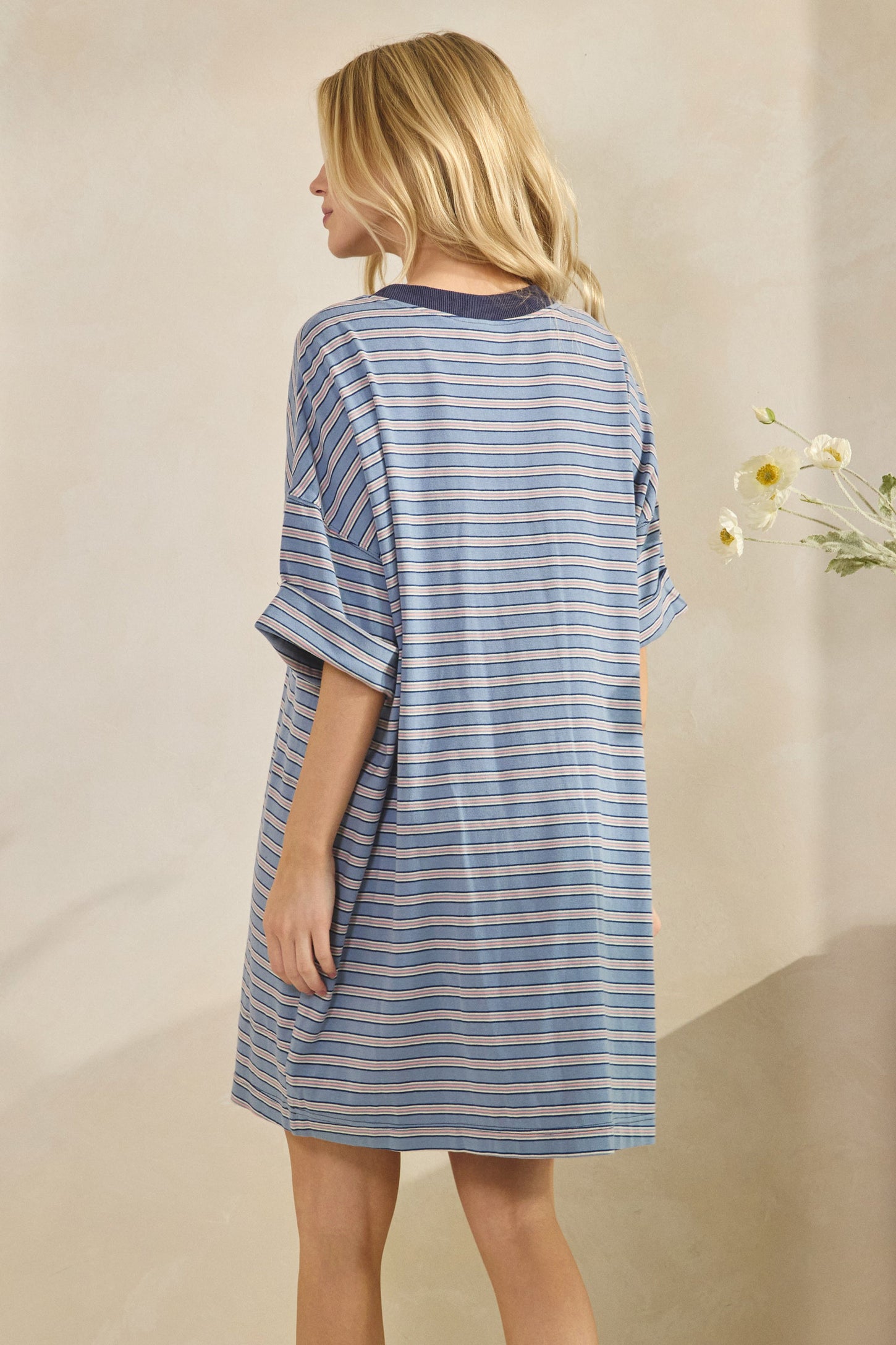 Blue Stripe Knit Short Sleeve T-Shirt Dress