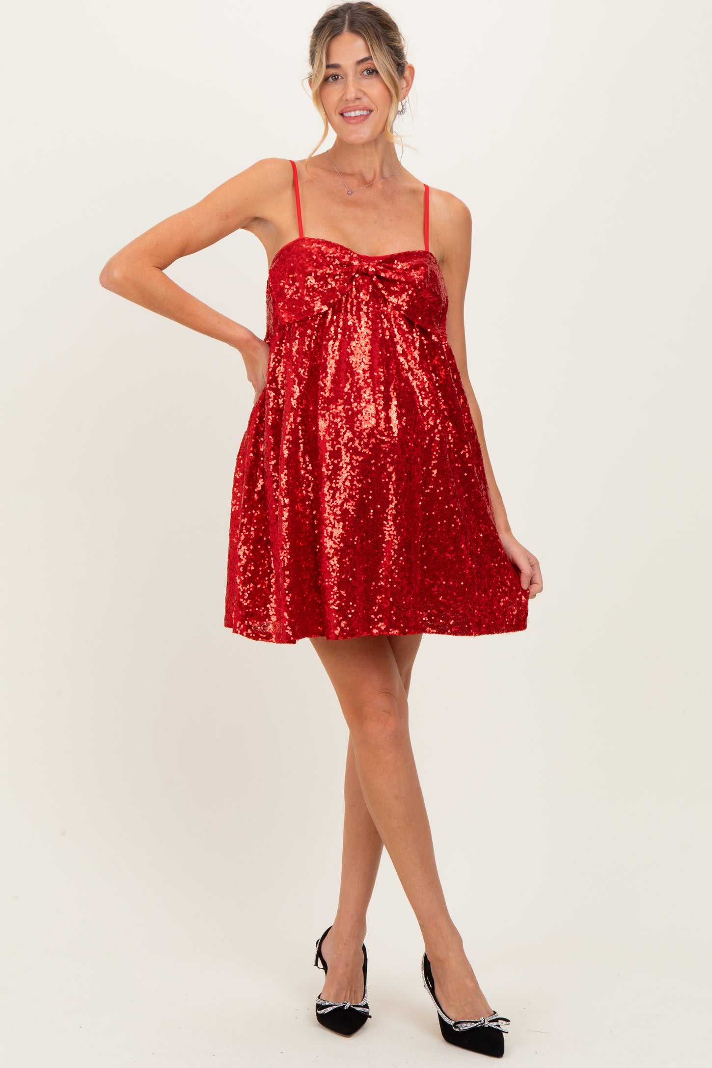 Red Bow Front Sleeveless Sequin Maternity Mini Dress
