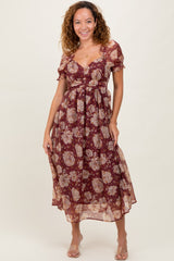 Burgundy Floral Chiffon Sweetheart Neckline Midi Dress