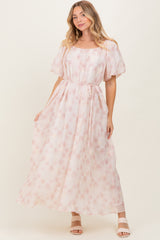 Ivory Floral Embroidered Puffed Sleeve Maternity Midi Dress