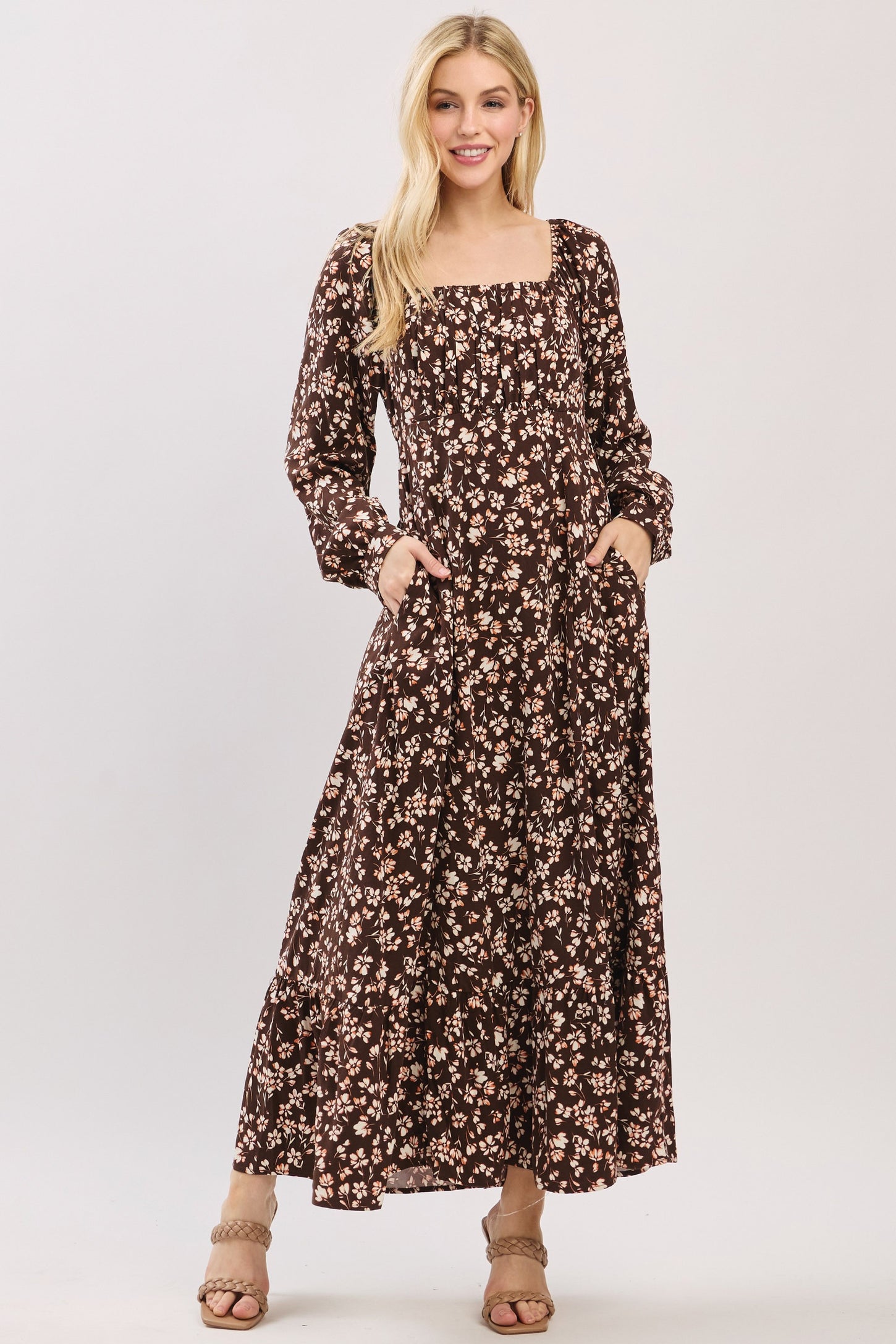 Brown Floral Square Neck Long Sleeve Maxi Dress
