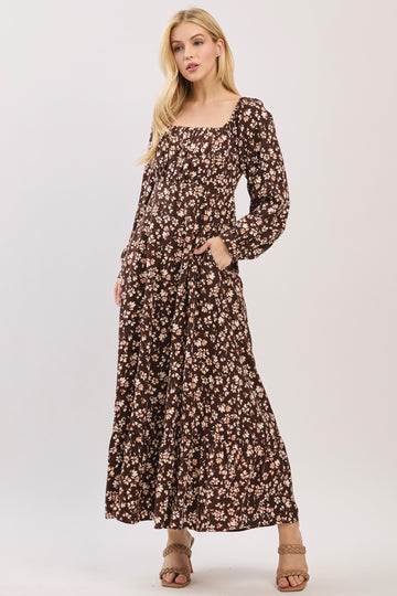 Brown Floral Square Neck Long Sleeve Maxi Dress