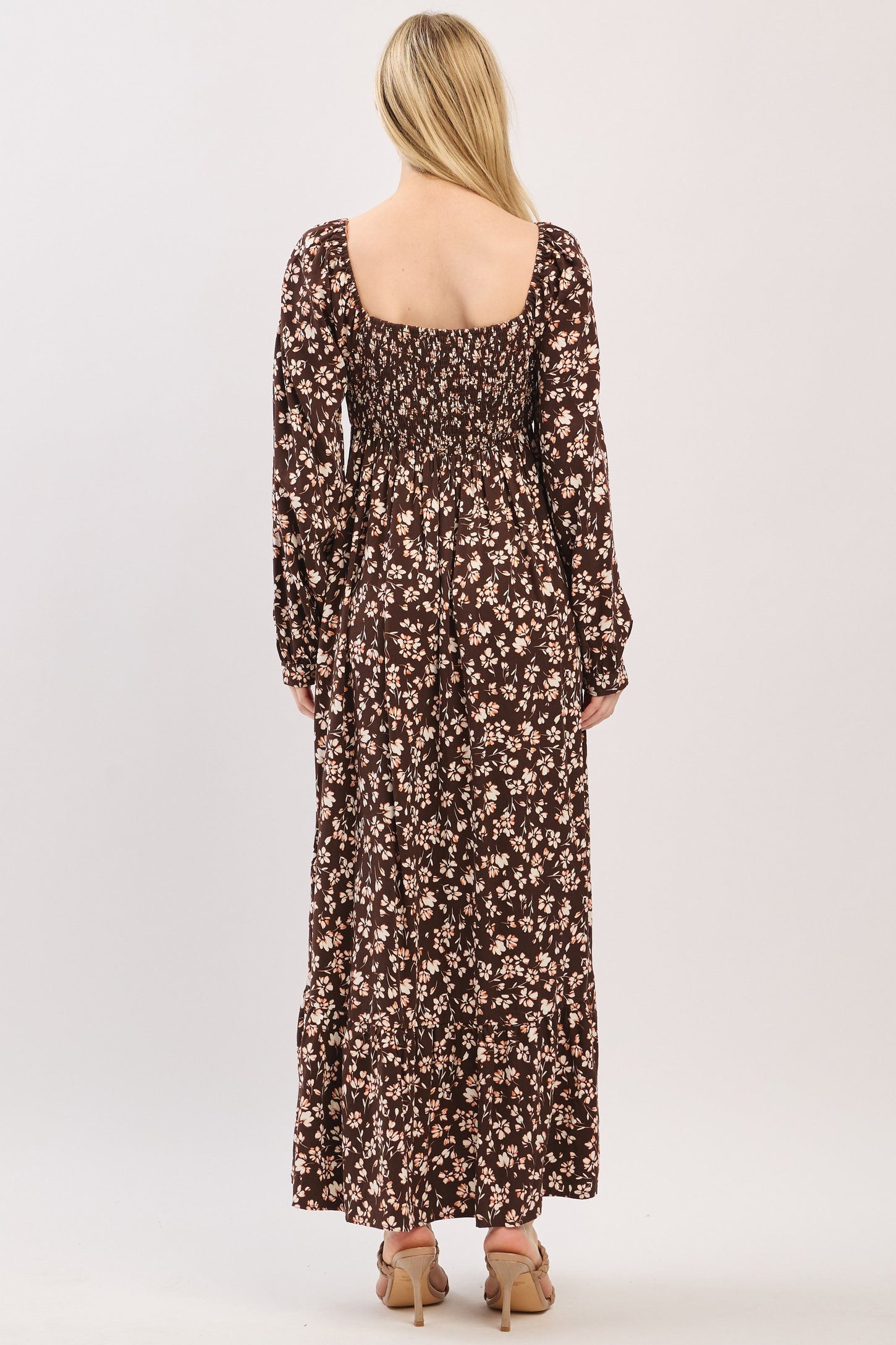 Brown Floral Square Neck Long Sleeve Maxi Dress
