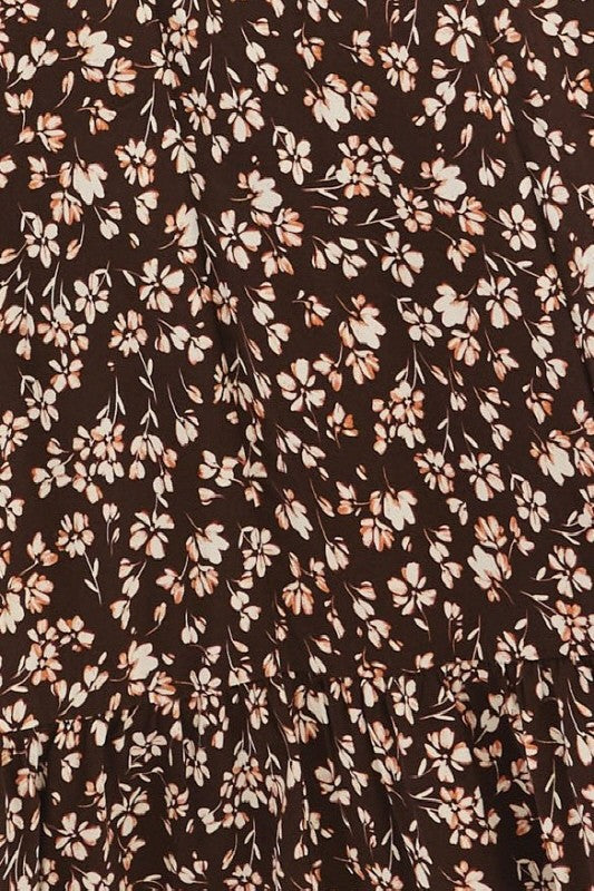 Brown Floral Square Neck Long Sleeve Maxi Dress