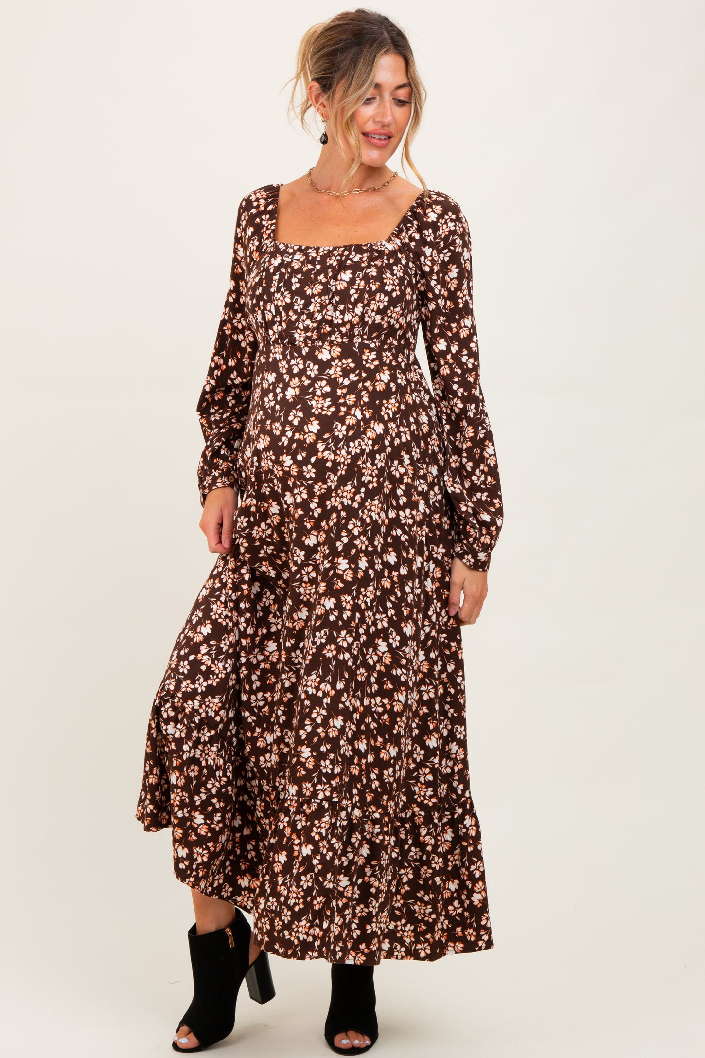Brown Floral Square Neck Long Sleeve Maternity Maxi Dress