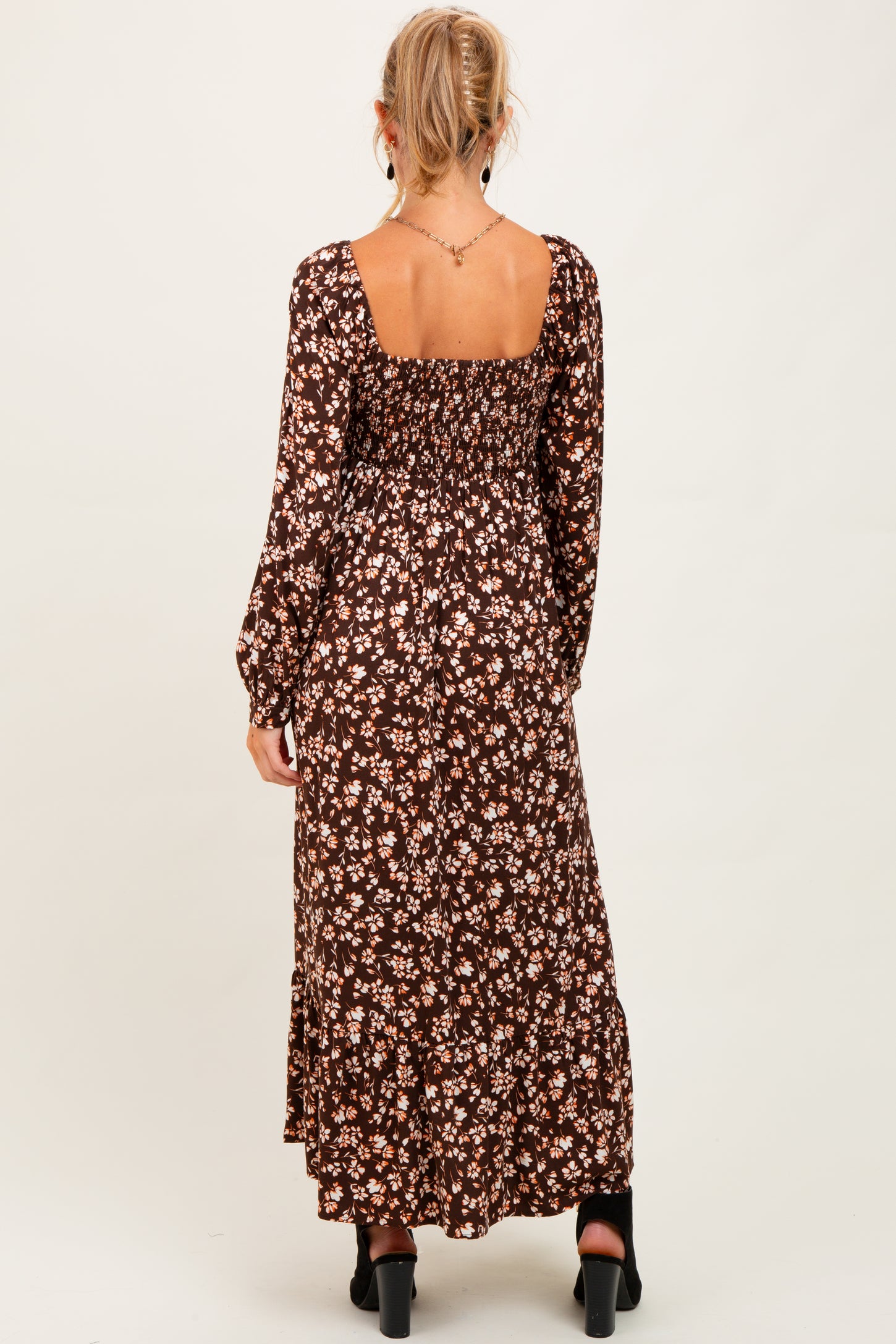 Brown Floral Square Neck Long Sleeve Maternity Maxi Dress