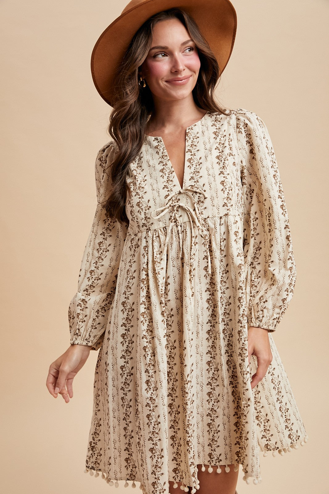 Brown Floral Pom Accent Hem Long Sleeve Maternity Dress