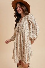 Brown Floral Pom Accent Hem Long Sleeve Dress