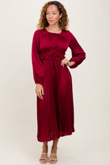 Burgundy Pleated Satin Smocked Waist Midi Dress