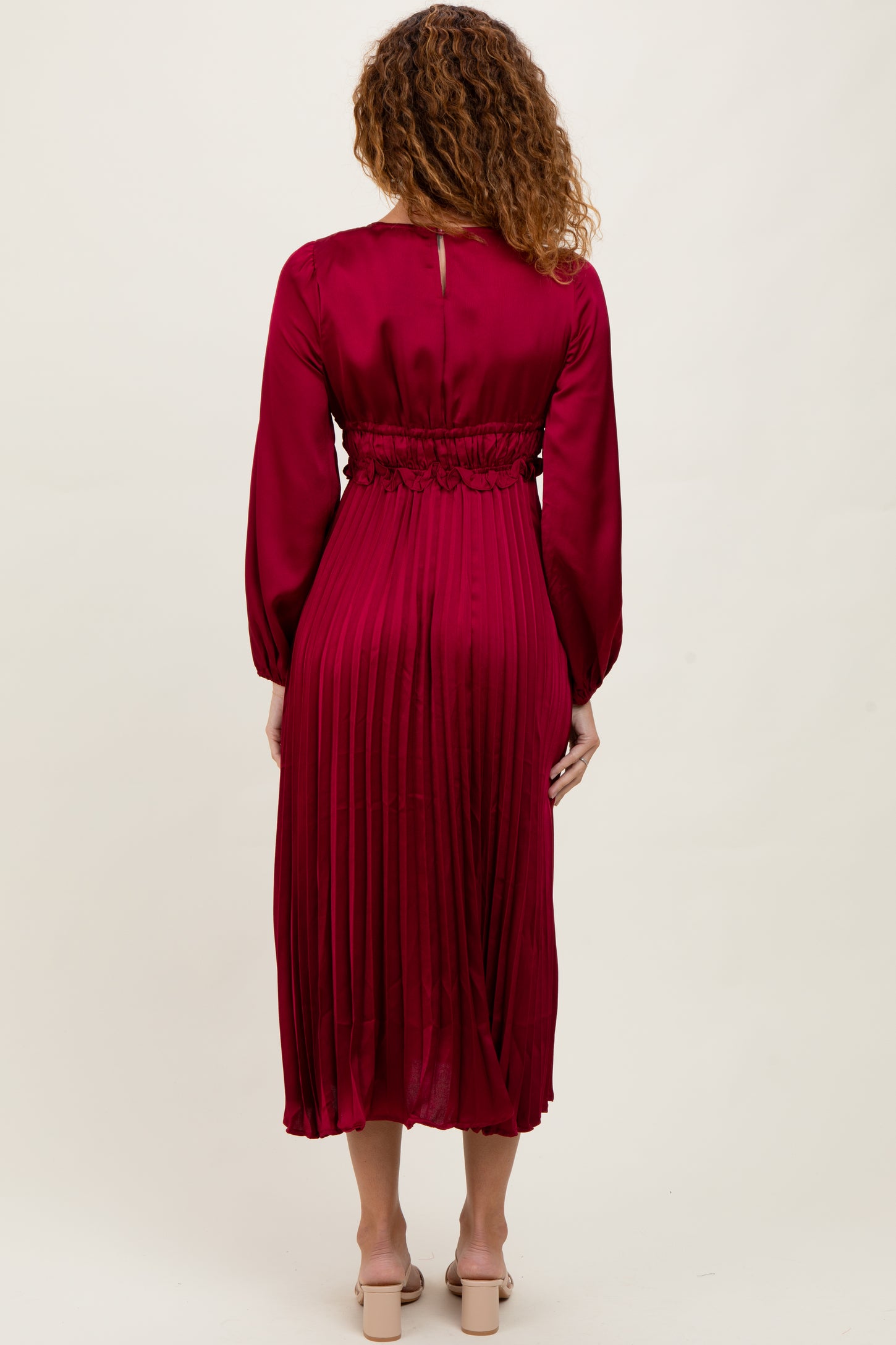 Burgundy Pleated Satin Smocked Waist Midi Dress