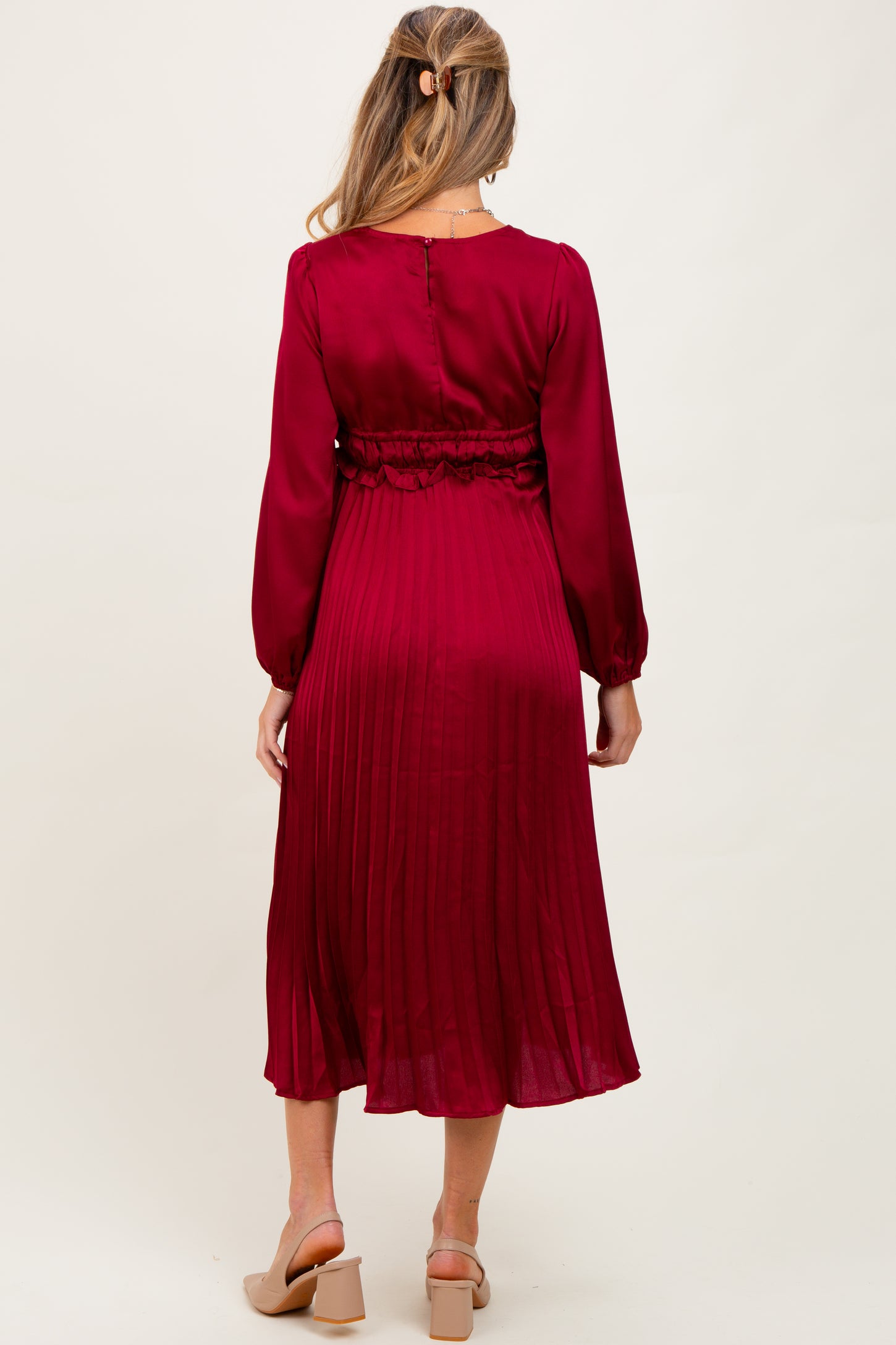 Burgundy Pleated Satin Smocked Waist Maternity Midi Dress