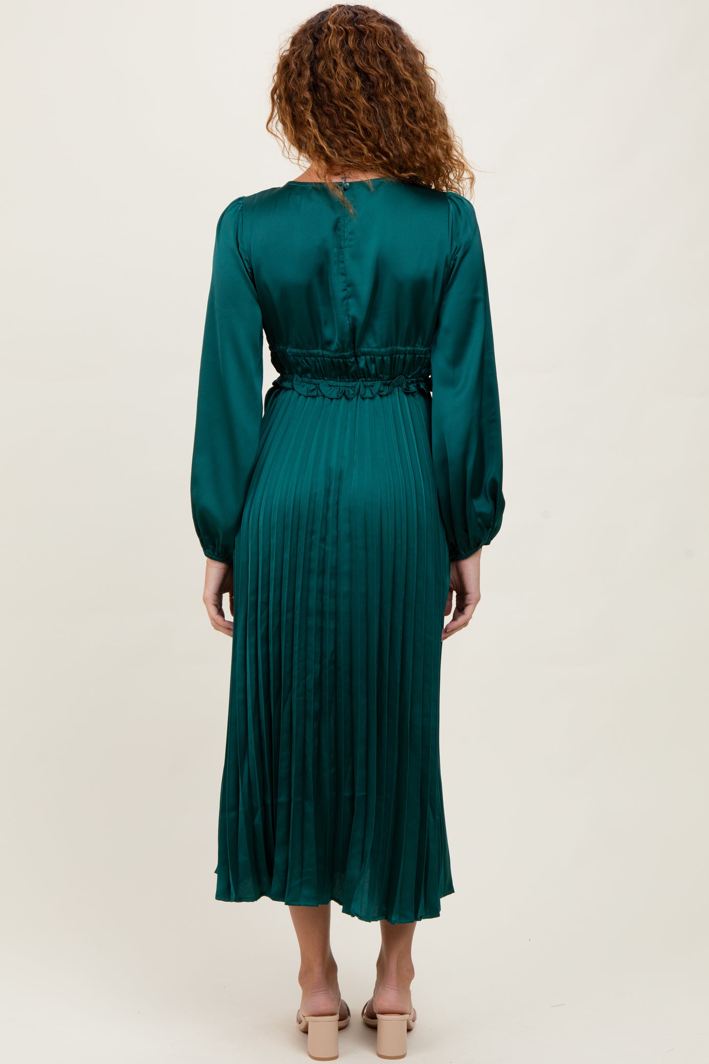 Forest Green Pleated Satin Smocked Waist Midi Dress