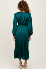 Forest Green Pleated Satin Smocked Waist Midi Dress