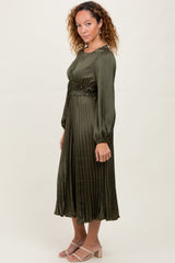 Olive Pleated Satin Smocked Waist Midi Dress
