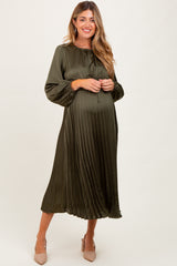 Olive Pleated Satin Smocked Waist Maternity Midi Dress
