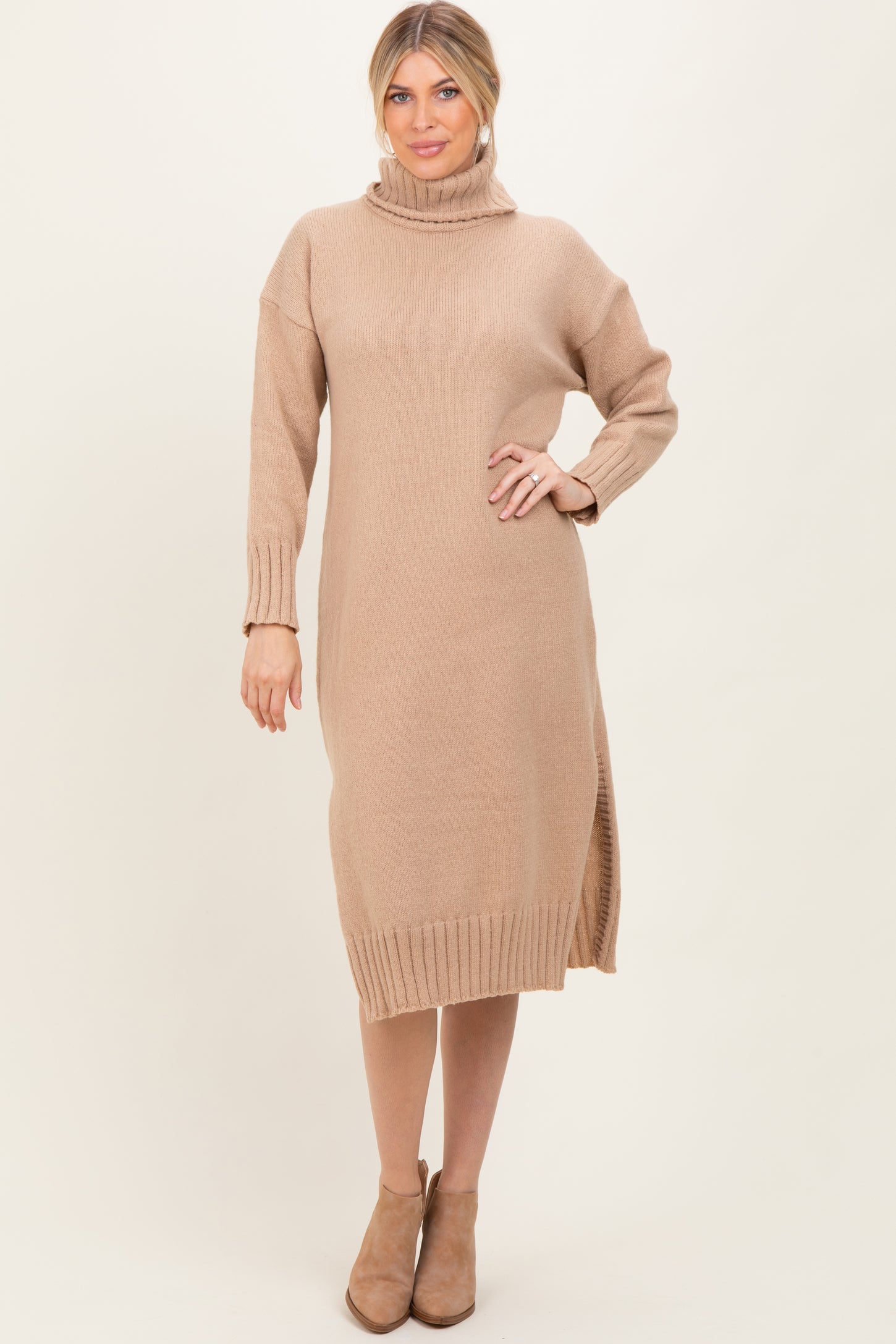 Camel Turtleneck Chunky Knit Midi Sweater Dress