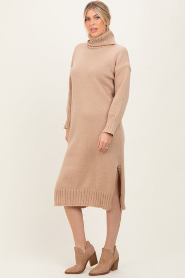 Camel Turtleneck Chunky Knit Midi Sweater Dress