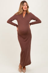 Brown Textured Rib Quarter Zip Maternity Maxi Dress