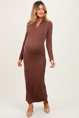 Brown Textured Rib Quarter Zip Maternity Maxi Dress