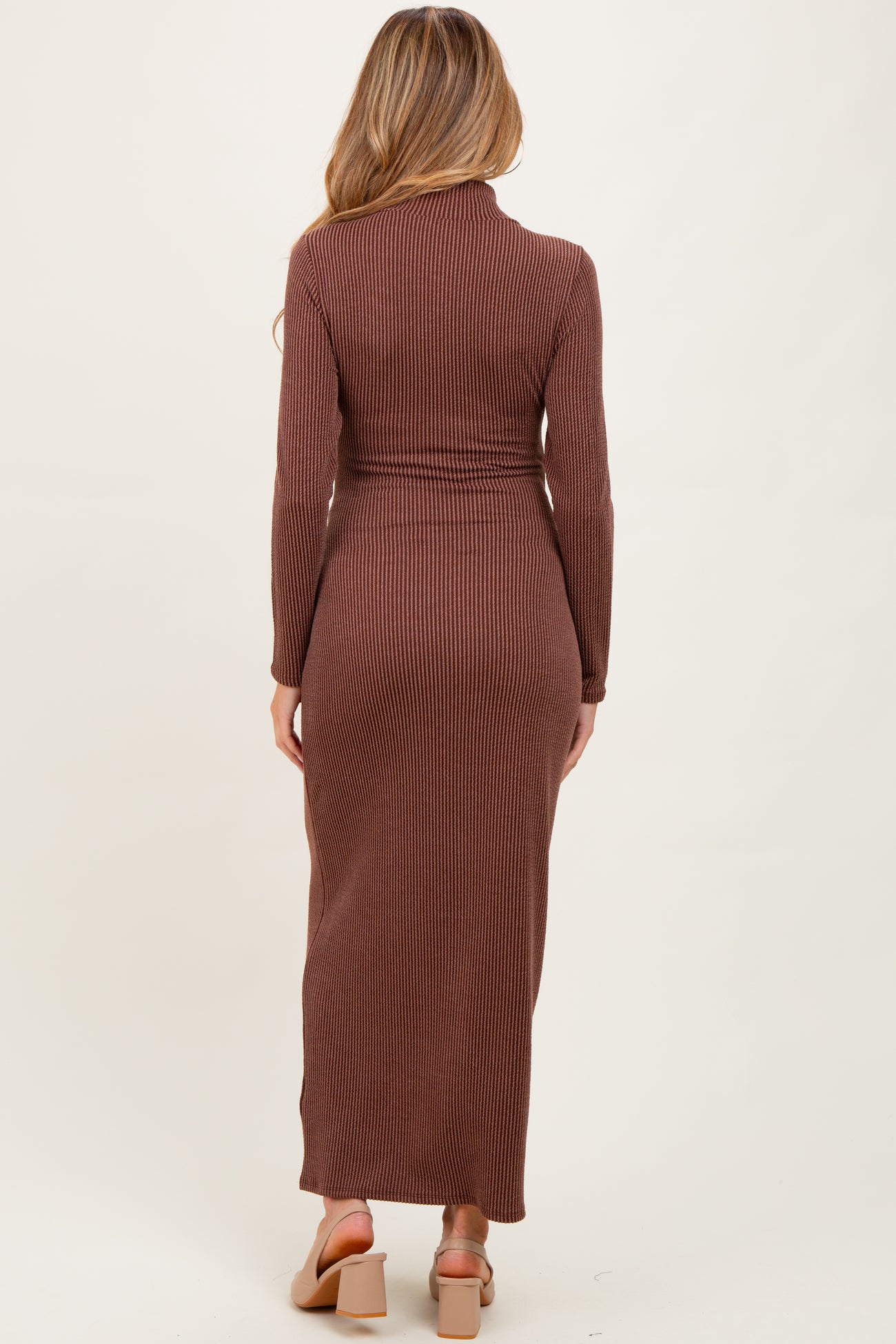 Brown Textured Rib Quarter Zip Maternity Maxi Dress