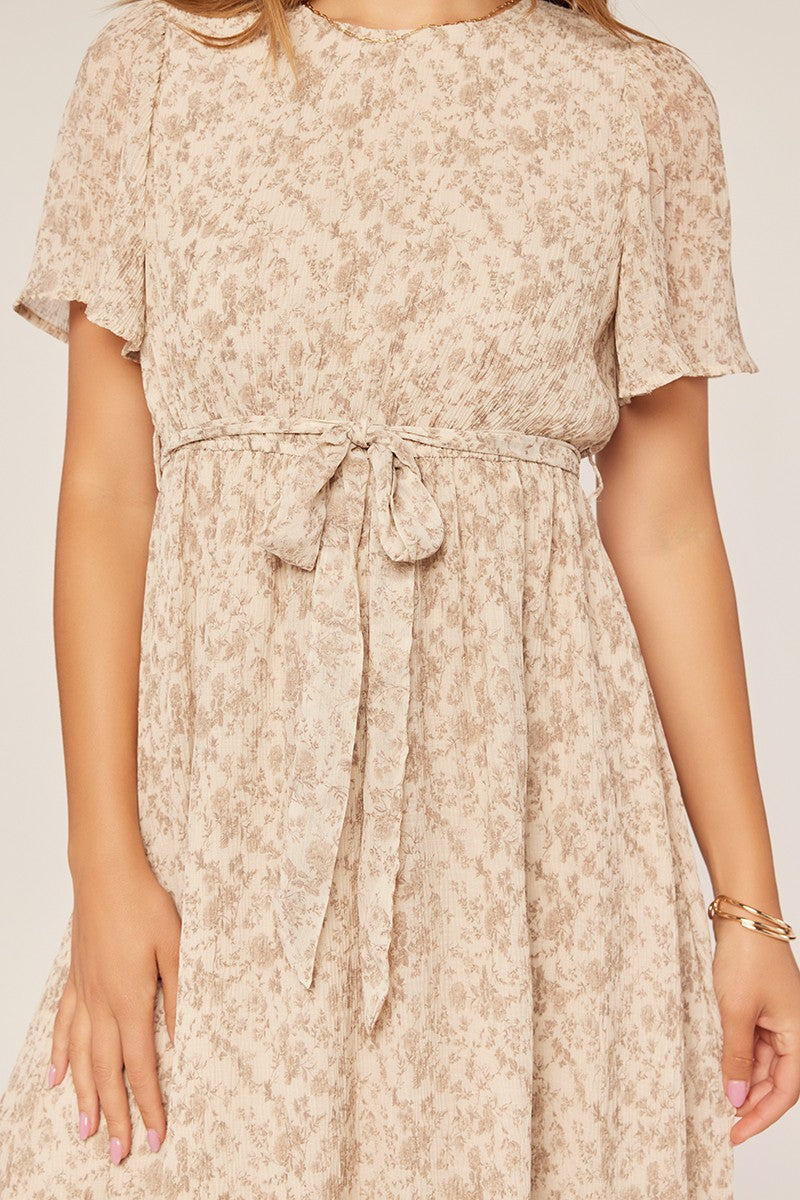 Ivory Floral Plisse Chiffon Midi Dress