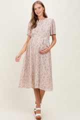 Ivory Floral Plisse Chiffon Maternity Midi Dress