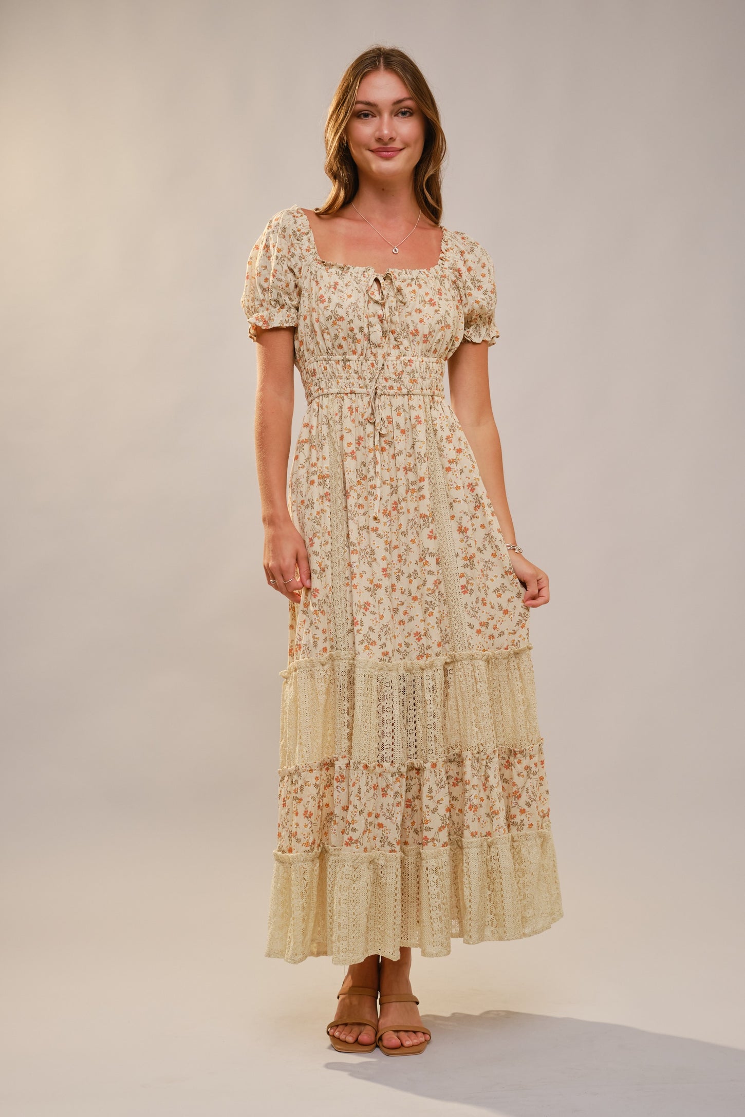 Cream Floral Lace Inset Puff Sleeve Maxi Dress