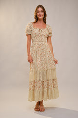 Cream Floral Lace Inset Puff Sleeve Maxi Dress