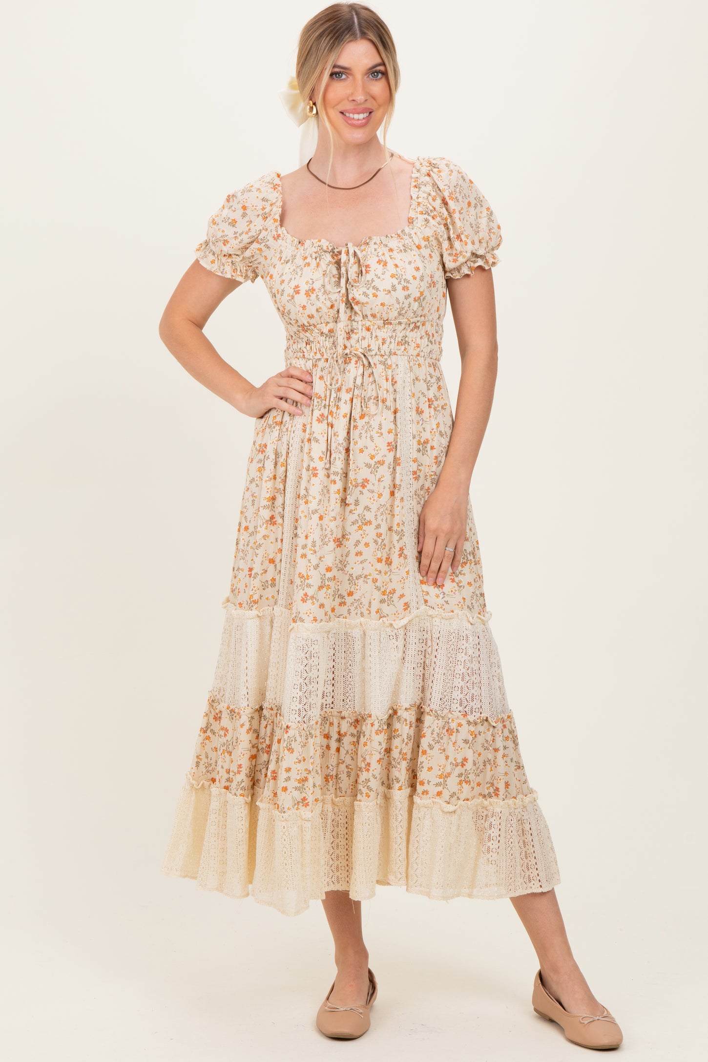 Cream Floral Lace Inset Puff Sleeve Maxi Dress