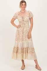 Cream Floral Lace Inset Puff Sleeve Maternity Maxi Dress