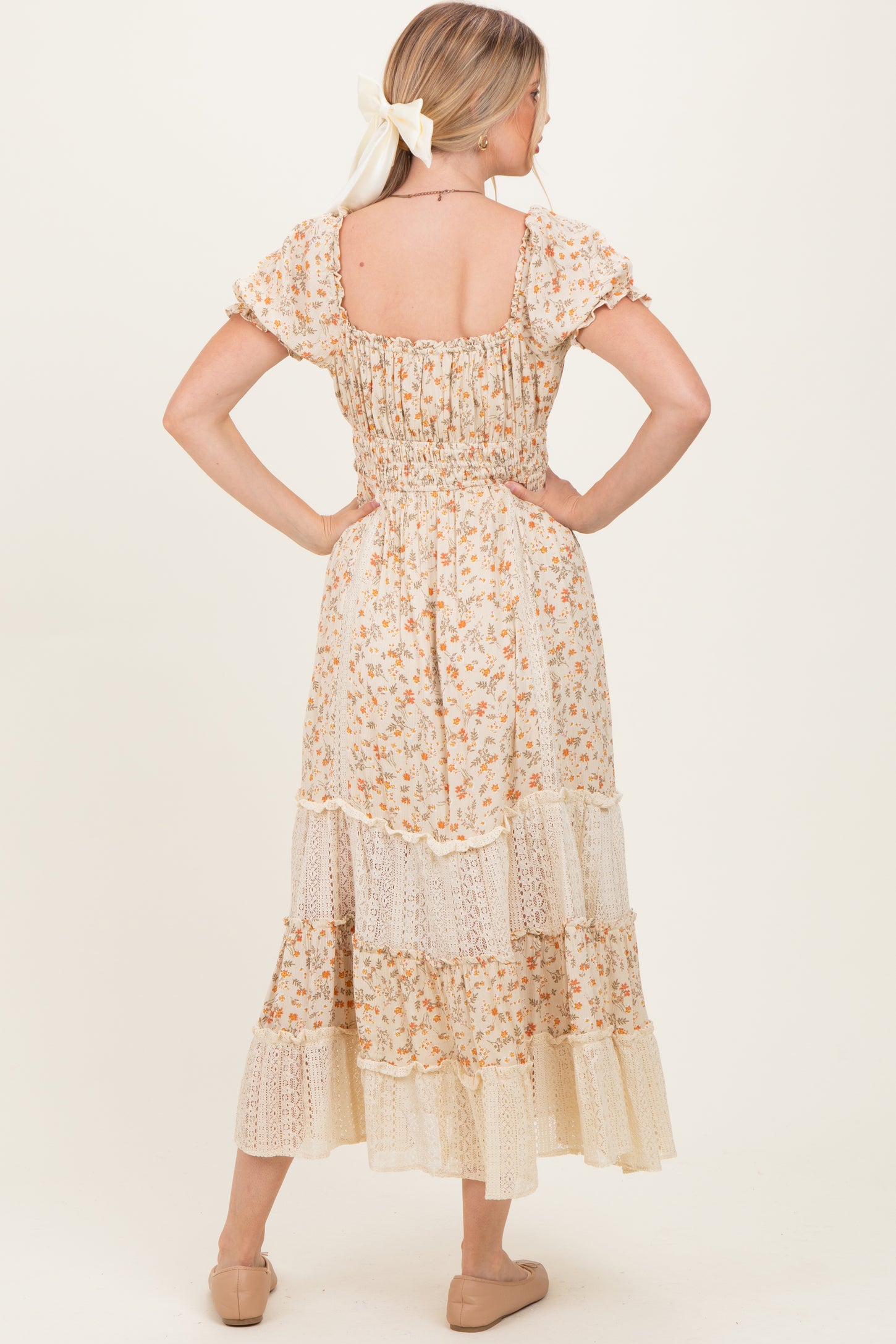 Cream Floral Lace Inset Puff Sleeve Maxi Dress