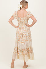 Cream Floral Lace Inset Puff Sleeve Maxi Dress