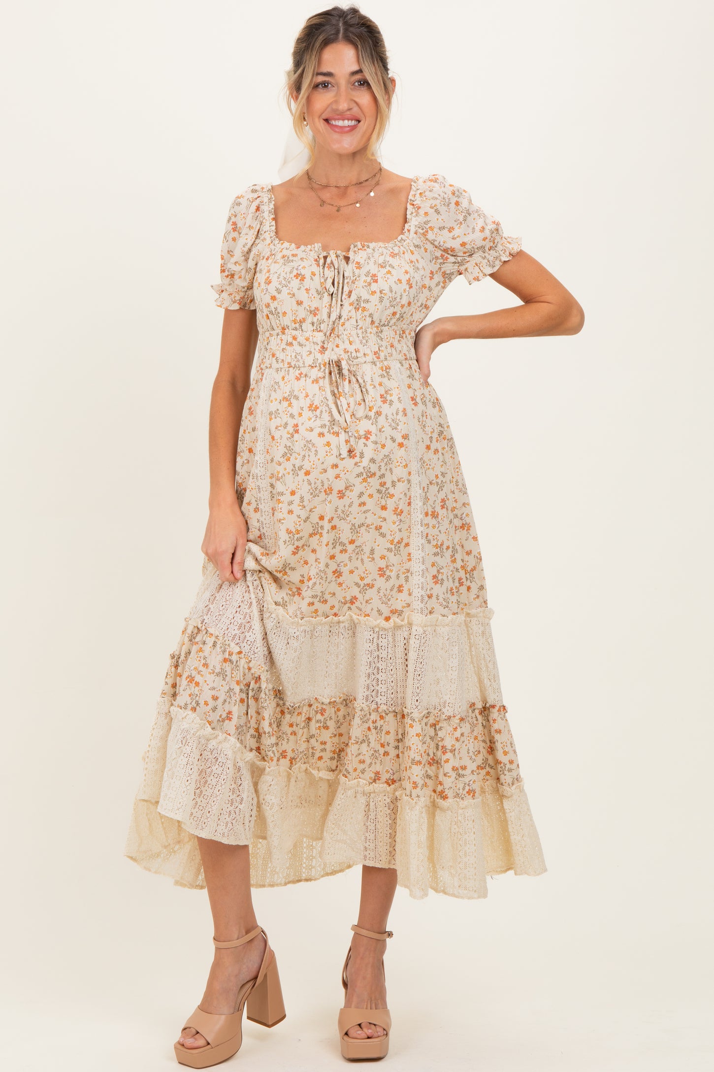 Cream Floral Lace Inset Puff Sleeve Maternity Maxi Dress