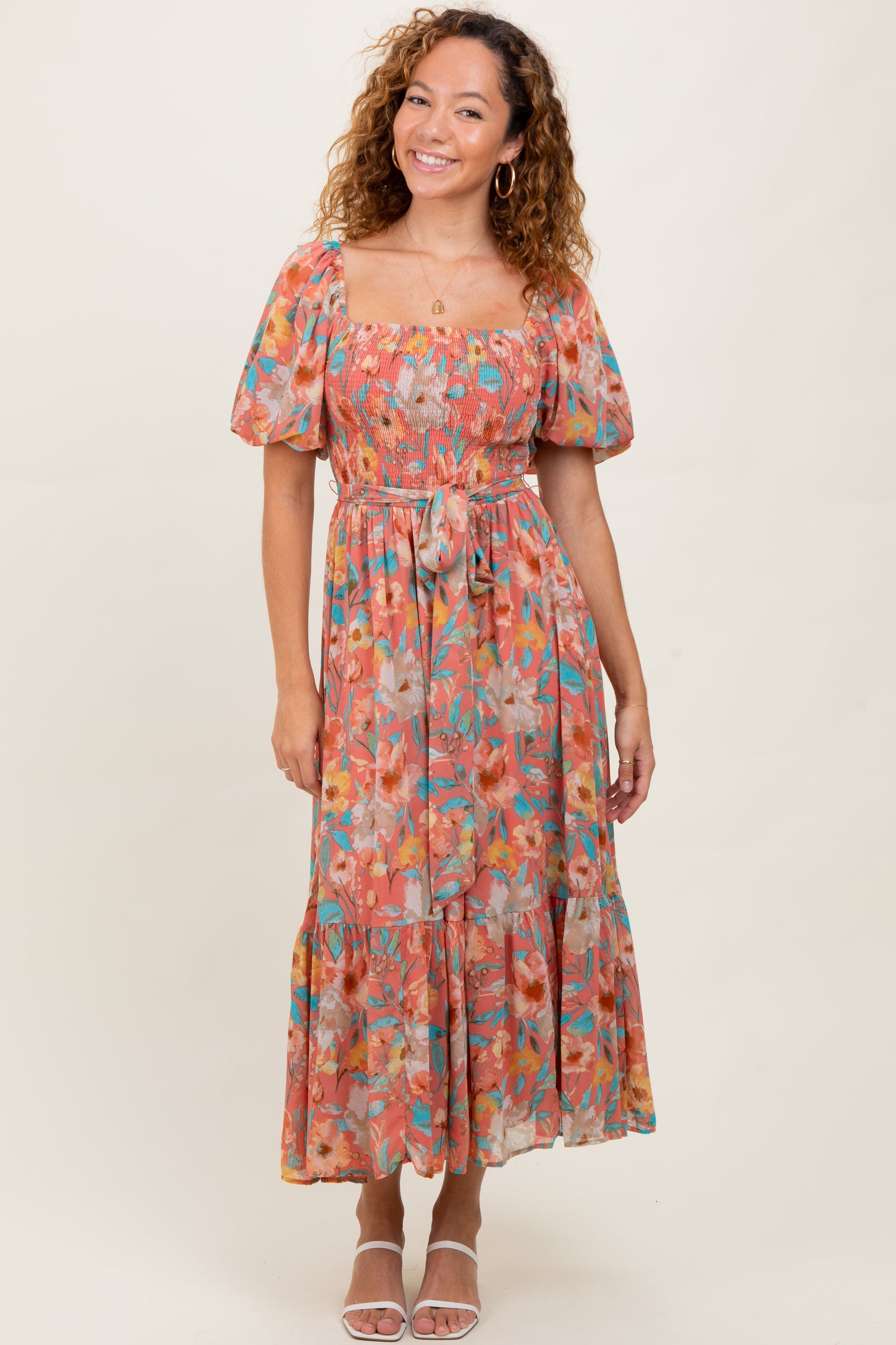 Pink Floral Smocked Puffed Sleeve Maternity Midi Dress