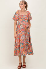 Pink Floral Smocked Puffed Sleeve Maternity Midi Dress