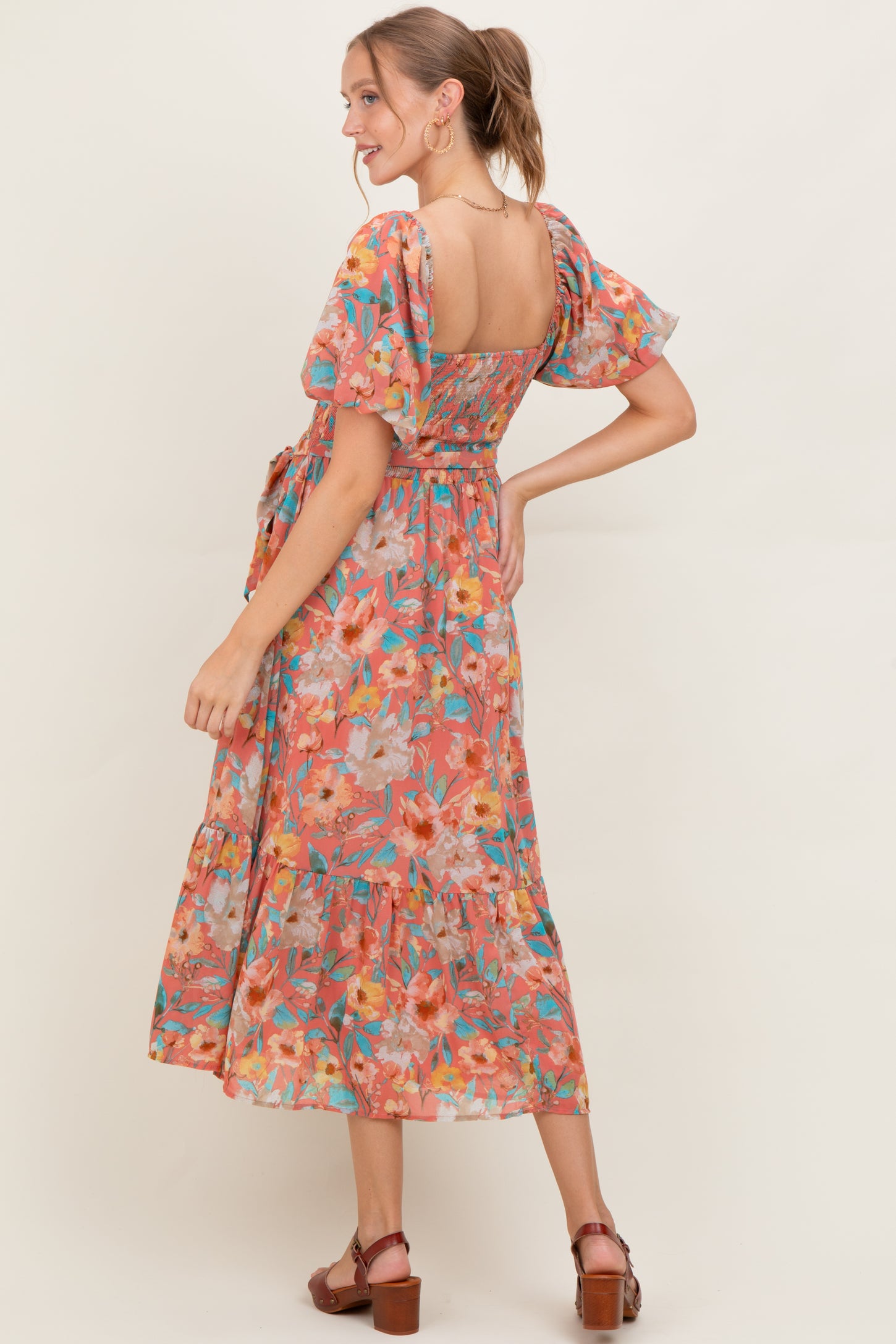 Pink Floral Smocked Puffed Sleeve Maternity Midi Dress