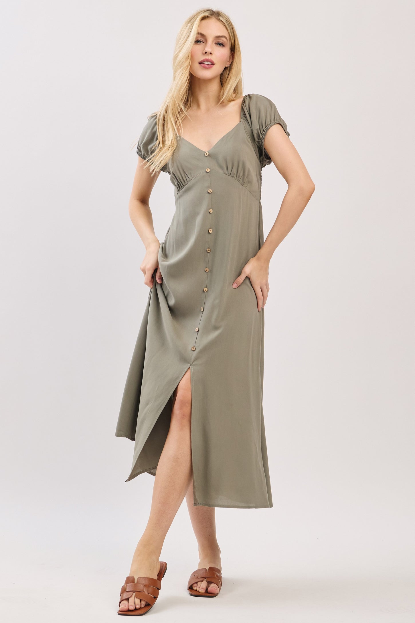Olive Button Accent Front Slit Midi Dress