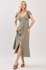 Olive Button Accent Front Slit Midi Dress