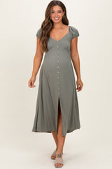 Olive Button Accent Front Slit Maternity Midi Dress