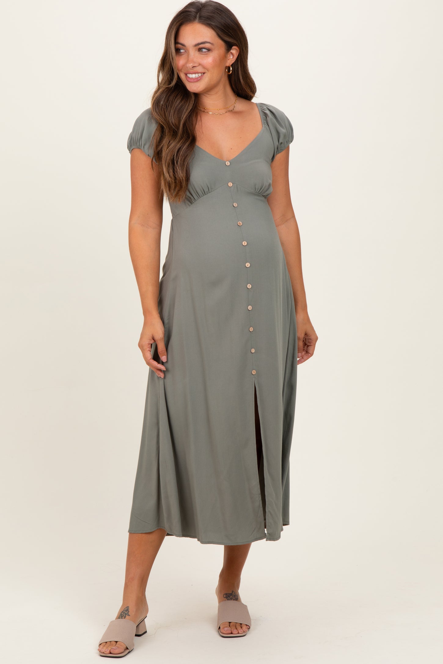 Olive Button Accent Front Slit Maternity Midi Dress