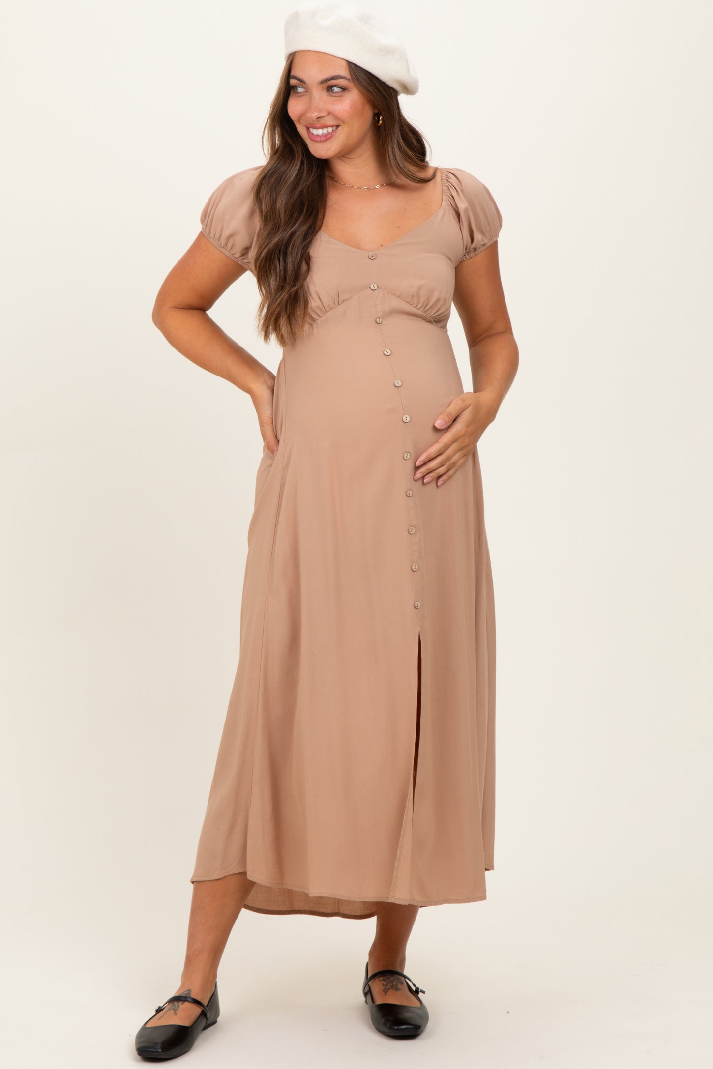Camel Button Accent Front Slit Maternity Midi Dress