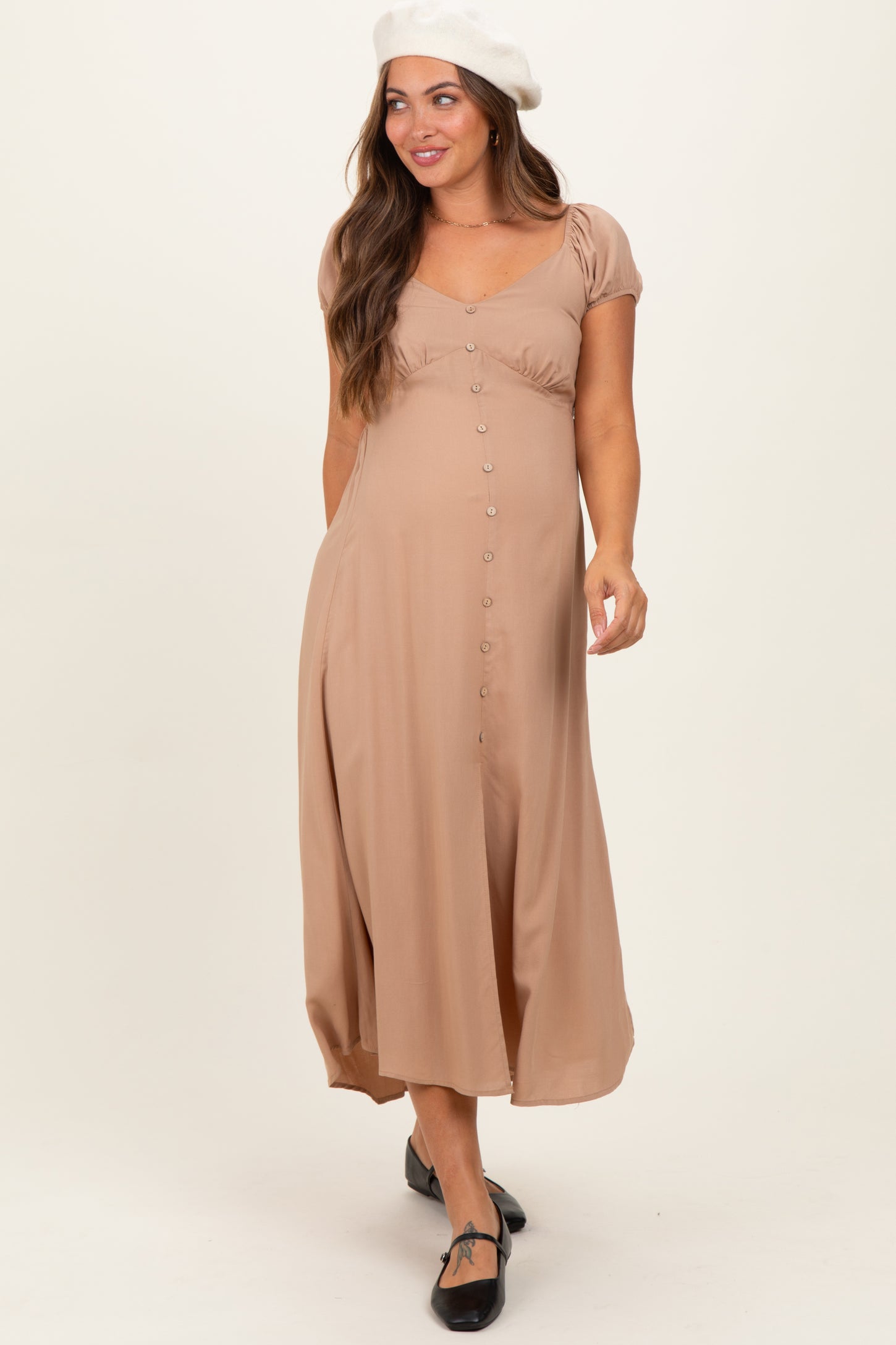 Camel Button Accent Front Slit Maternity Midi Dress