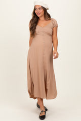 Camel Button Accent Front Slit Maternity Midi Dress