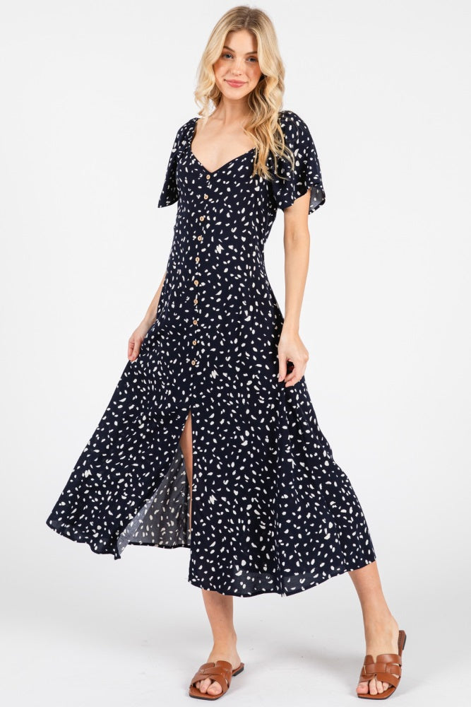 Navy Printed Button Accent Flutter Sleeve Maternity Midi Dress