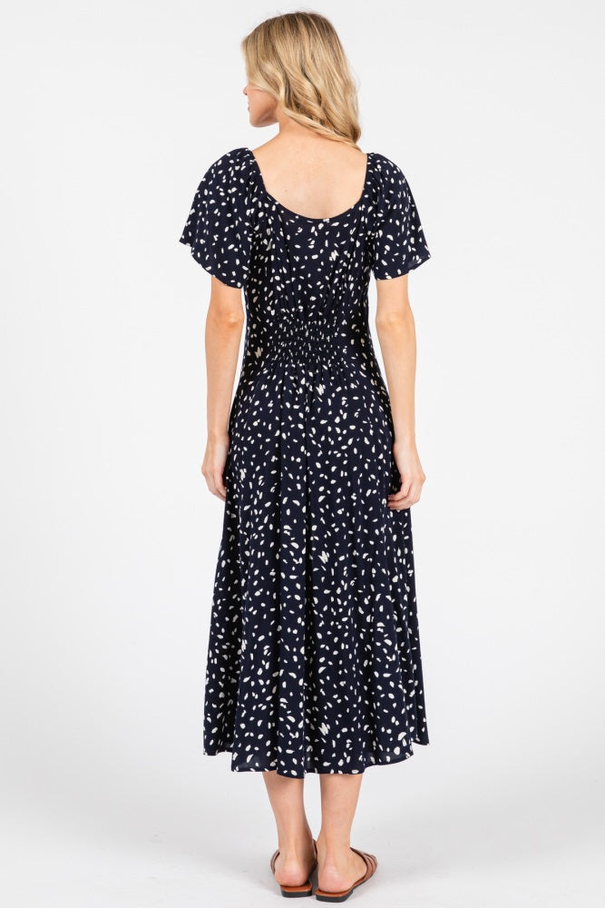 Navy Printed Button Accent Flutter Sleeve Midi Dress