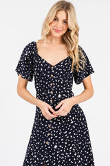 Navy Printed Button Accent Flutter Sleeve Midi Dress